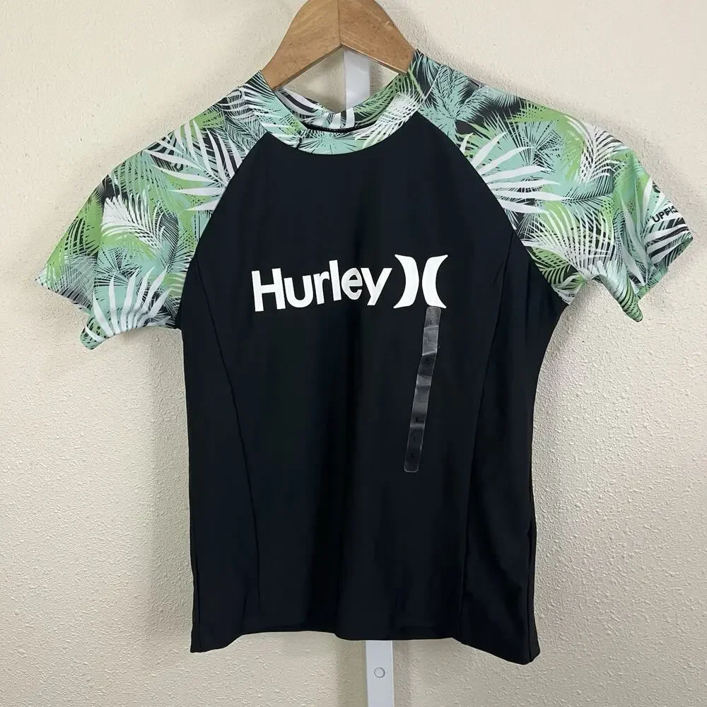 Hurley Girls Rash Guard Swim Set Size 14/16 Large Tropical UPF 50+ Black Green